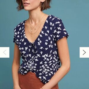Anthropologie Maeve Navy and White Bird Print Blouse